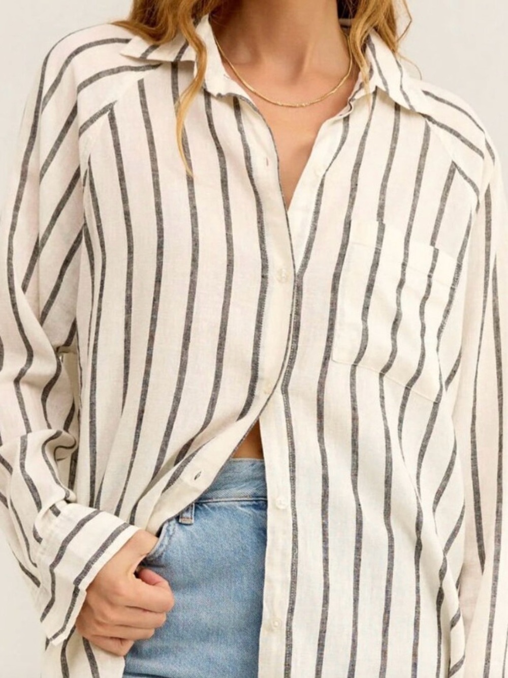 Z supply linen blend button up striped top gray cream size small
